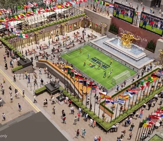 Copa do Mundo 2026 terá Fan Village oficial no Rockefeller Center Fan Village da Copa 2026 transforma o Rockefeller Center em Nova York (Foto: Divulgação)