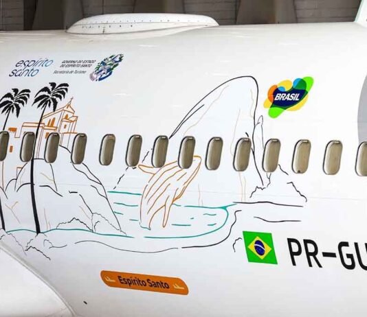 GOL lança avião com homenagem ao turismo do Espírito Santo Boeing 737-800 da GOL adesivado com elementos capixabas da iniciativa 'Conheça o Brasil: Voando' (Foto: Morgan Spotter)