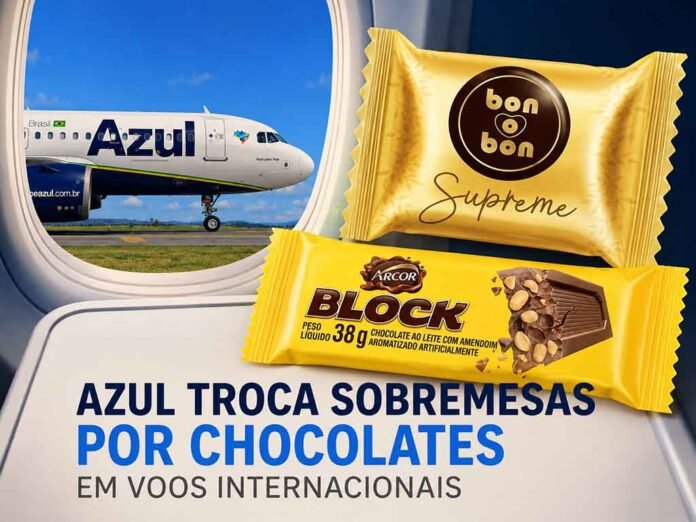 Chocolates passam a substituir sobremesas tradicionais nos voos internacionais da Azul (Fotos: Divulgação/ChatGPT)