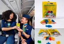 Azul lança balinhas temáticas inspiradas na Seleção Brasileira Azul lança embalagens temáticas para os tradicionais aviõezinhos de gelatina distribuídos nos voos (Fotos: Divulgação)